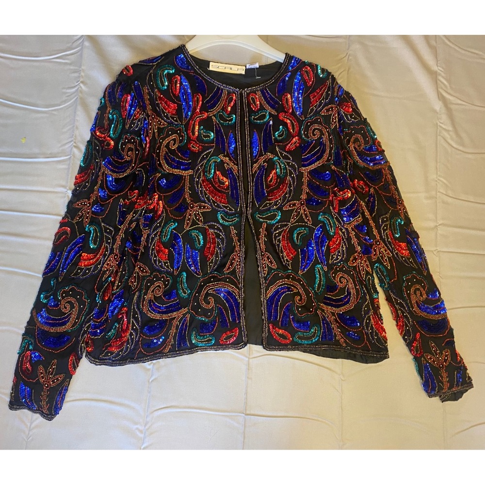 Vintage Scala Silk Beaded Jacket XXL Black Multicolor Sequin Evening Party Top